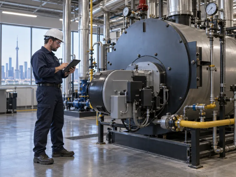 Technician performing routine commercial boiler inspection