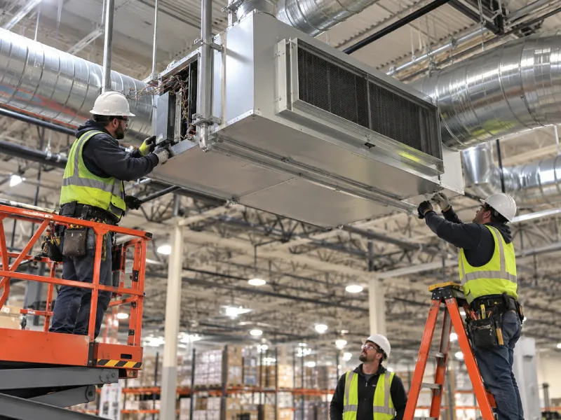 Technician installing commercial HVAC system in Toronto